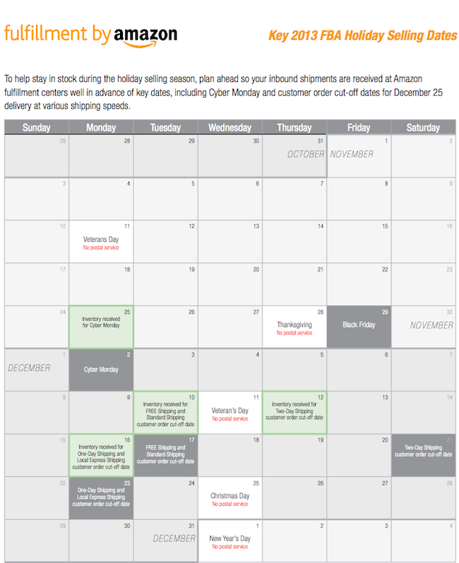 FBA Holiday Calendar
