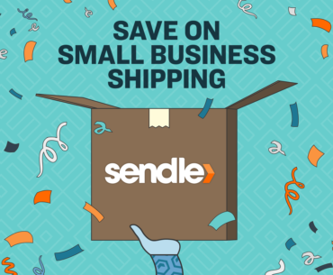 A box with the Sendle logo on it, being held up by a hand. The box is opening to reveal confetti and the words "Save on Small Business Shipping" above the box.