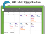 A graphic of Ordoro's Holiday Shipping Deadlines Calendar. It is a graphic of December 2023's calendar dates that contains the major shipping carriers' shipping deadlines on each date. There is a blue (one of Ordoro's brand colors) santa hat at the top left corner of the calendar.