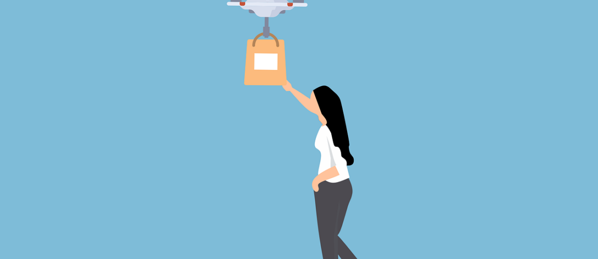 Blue background. Graphic of a women reaching up to retrieve a box being delivered by a drone.