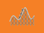 Background is bright orange with a graphic of three roller coaster cars going up a steep incline on the tracks with steep declines coming.
