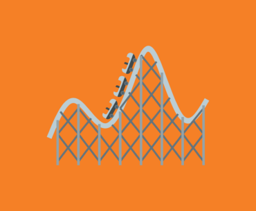 Background is bright orange with a graphic of three roller coaster cars going up a steep incline on the tracks with steep declines coming.