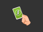 Dark grey background, graphic of a hand holding a green uno reverse card.