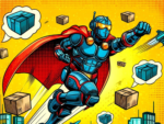 A cartoon robot flying in the sky with blue armor and a red cape. Floating boxes all around in the air.