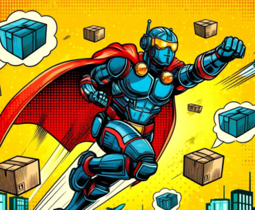 A cartoon robot flying in the sky with blue armor and a red cape. Floating boxes all around in the air.