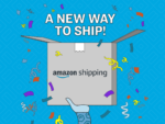 A graphic of a grey box with the Amazon Shipping logo on it. The box is open with confetti flying out of it and the copy "A New Way to Ship" above it