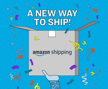 A graphic of a grey box with the Amazon Shipping logo on it. The box is open with confetti flying out of it and the copy "A New Way to Ship" above it