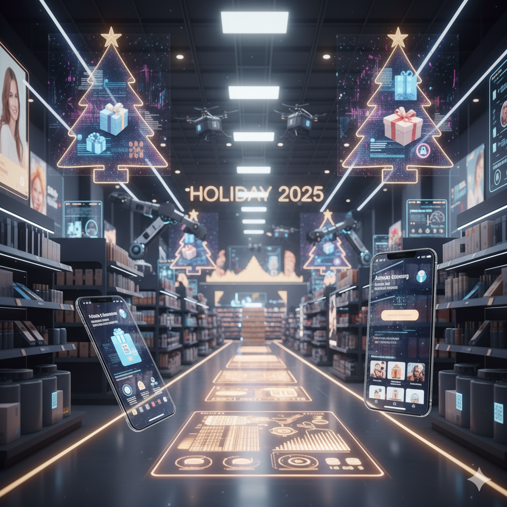 AI and mobile commerce dominating a futuristic retail environment for Holiday 2025.